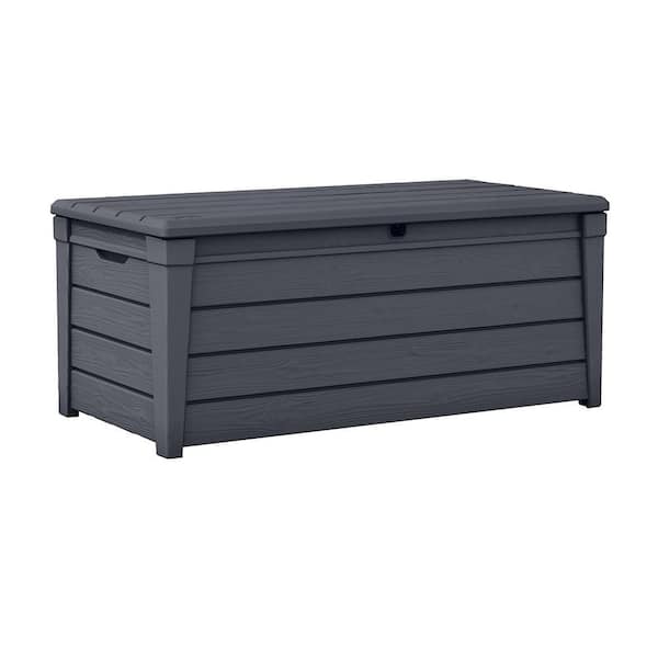 Keter Brightwood 120 Gal. Large Deck Box Resin Grey for Patio Garden Furniture, Outdoor Storage Container
