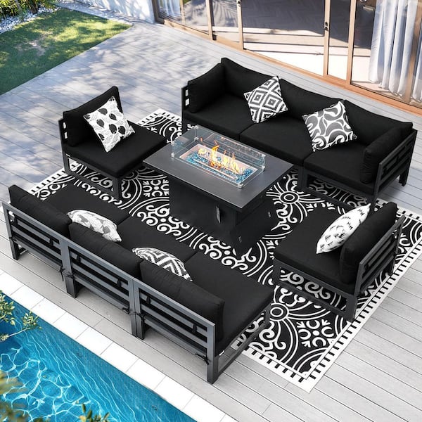 Unbranded Extra Large Gray 9-Piece Aluminum Patio Fire Pit Conversation Set Deep Seating Sectional Sofa with Black Cushions