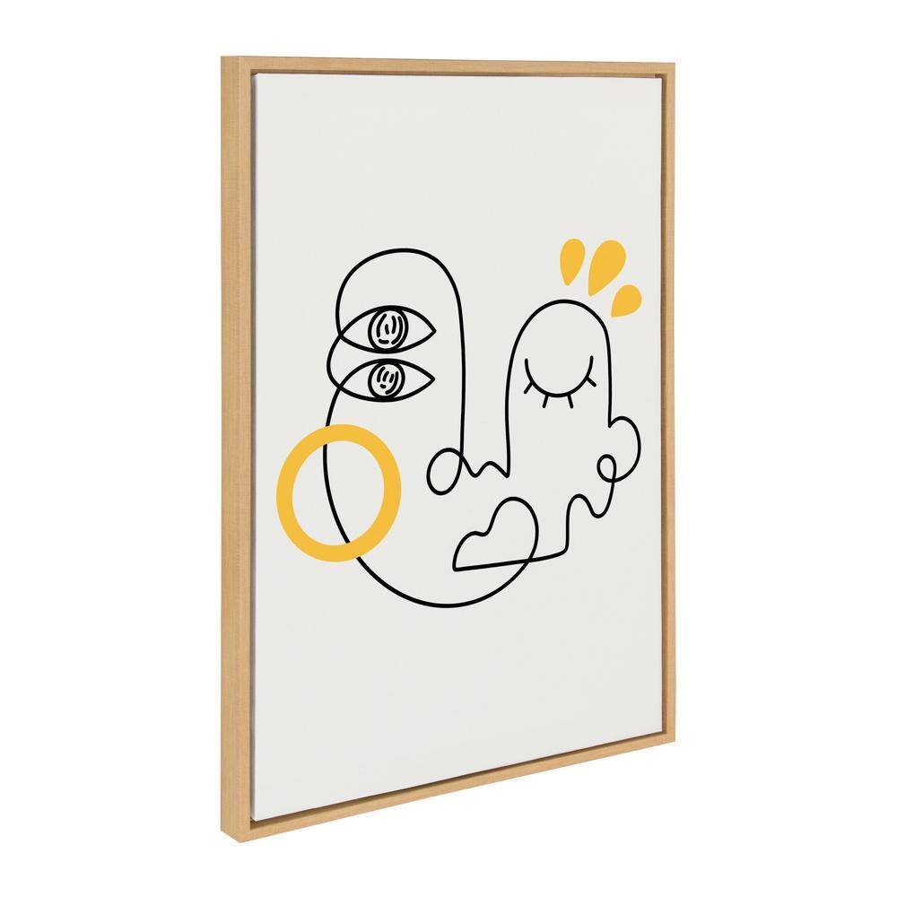 Abstract Black and Yellow Line Drawing on Canvas with Natural Frame