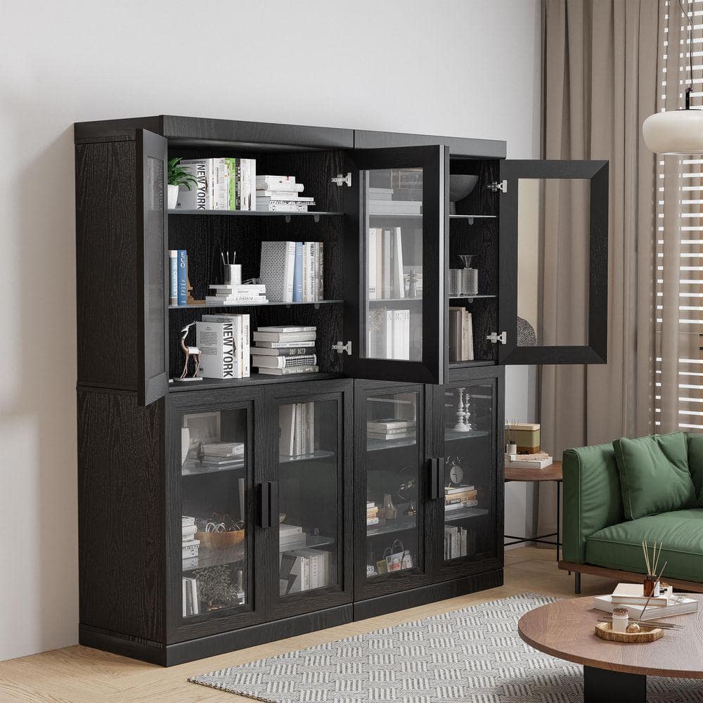 62 in. Tall 62 in. W Black Wood 8-Shelf Standard Bookcase with Adjustable Shelves, Glass Doors Storage