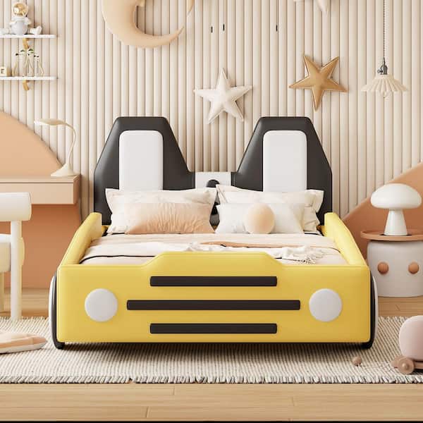 Qualler Yellow Wood Frame Twin Size Race Car-Shaped Platform Bed with ...