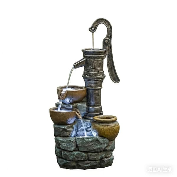 32.30 in. Electric Grey Resin Waterfall Freestanding Fountain with Vintage Pump, Easy Assembly and Stone Aesthetic