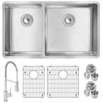 Crosstown 18-Gauge Stainless Steel 31.5 in. 40/60 2-Bowl Undermount Kitchen Sink with Faucet, Bottom Grids and Drains