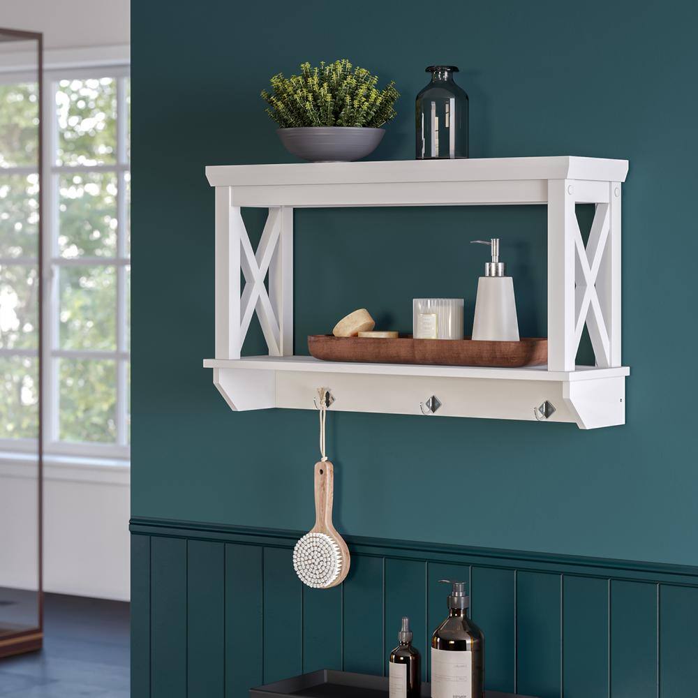 La Crosse White Contemporary 3-Hook Wall Shelf with Open Shelves