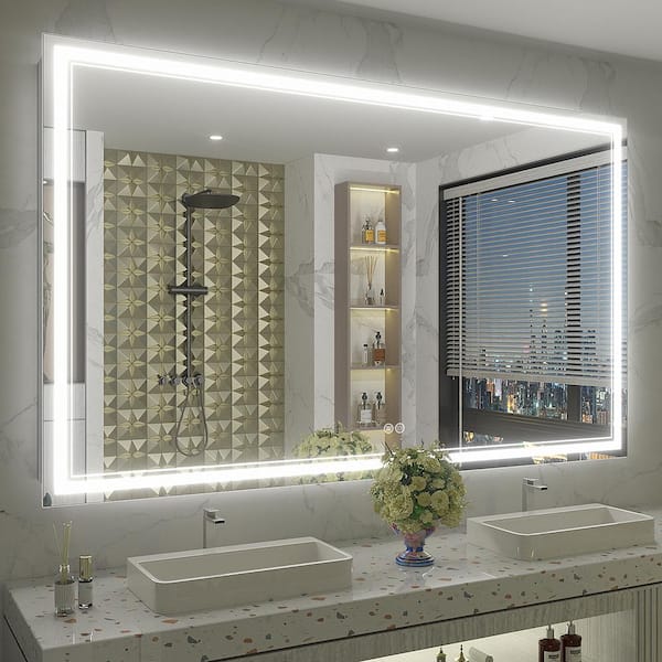 Apmir 60 in. W x 36 in. H Large Rectangular Frameless Front LED Lights Anti-Fog Wall Bathroom Vanity Mirror in Tempered Glass