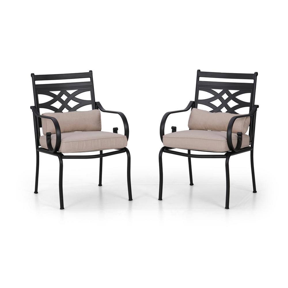 PHI VILLA Black Stationary Arm Metal Outdoor Dining Chair with Beige Cushions (2Pack) THDPV