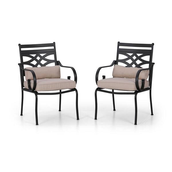 PHI VILLA Black Stationary Arm Metal Outdoor Dining Chair with Beige ...