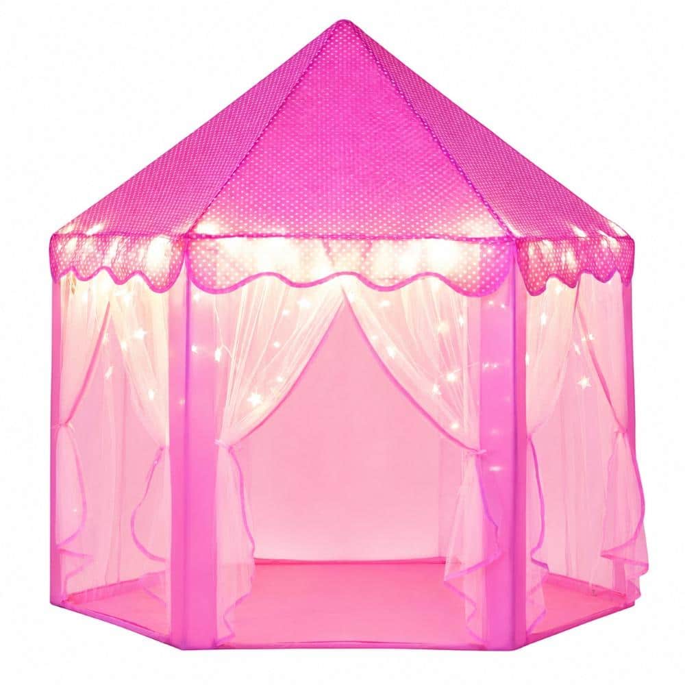 LOKWT Hexagonal Princess Castle Play Tent with LED Star Lights for Girls, 48 x 48 x 52 in Indoor Playhouse
