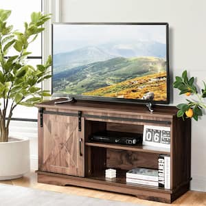 Brown Farmhouse Sliding Barn Door TV Stand Storage Cabinet Console with Adjustable Shelf