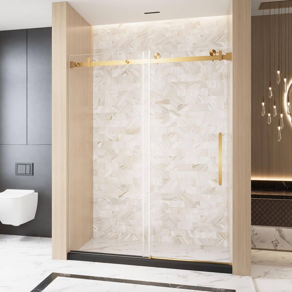 44-48 in. W x 76 in. H Single Sliding Frameless Shower Door in Brushed Gold with 1/4 in. Clear Glass Water Barrier Strip price history on PriceWatchPro
