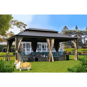 Alexander 12 ft. D x 10 ft. H x 20 ft. W Hardtop Double-Roof Aluminum Gazebo with Privacy Curtain and Mosquito Net