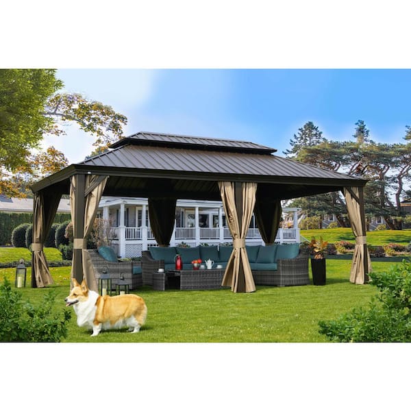 Kozyard Alexander 12'x20' Hardtop Aluminum Permanent Gazebo with A Mosquito Net and Privacy Sidewalls - Dark Brown