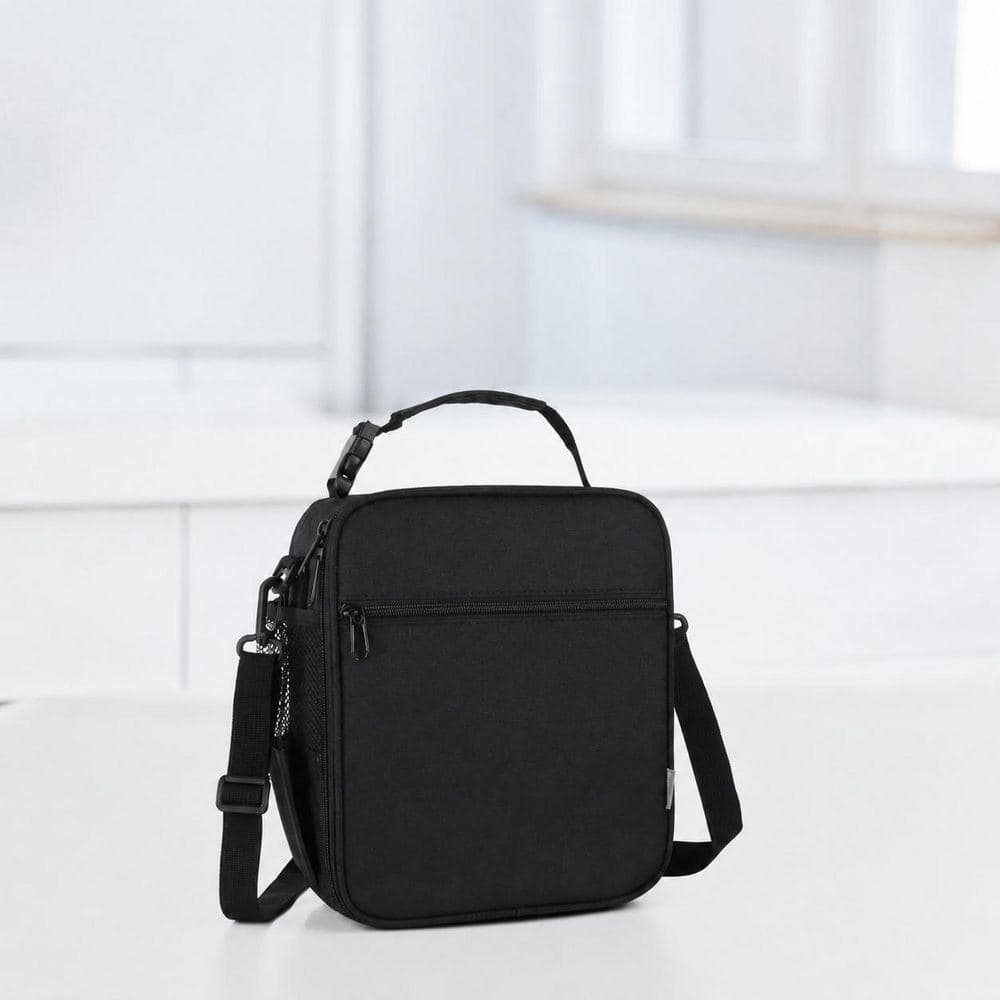 Black Thermal Insulated Lunch Bag with Adjustable Strap, Nylon Oxford Cloth, PEVA Lining, 6.8L Capacity