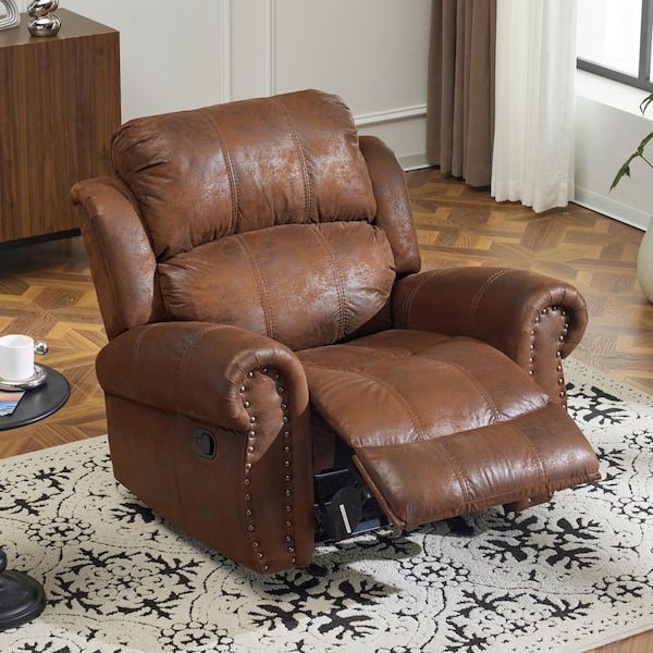 CHRISTOPHER KNIGHT HOME Gavin Brown Suede Fabric Upholstery Wood Frame Manual Glider Standard Tufted Recliner with Rolled Arms, Nailhead Trim