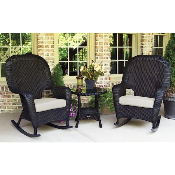 Tortuga Outdoor Sea Pines 3-Piece Tortoise Wicker Outdoor Rocking Chair Set with Patio Side Table and Sunbrella Canvas Canvas Cushions