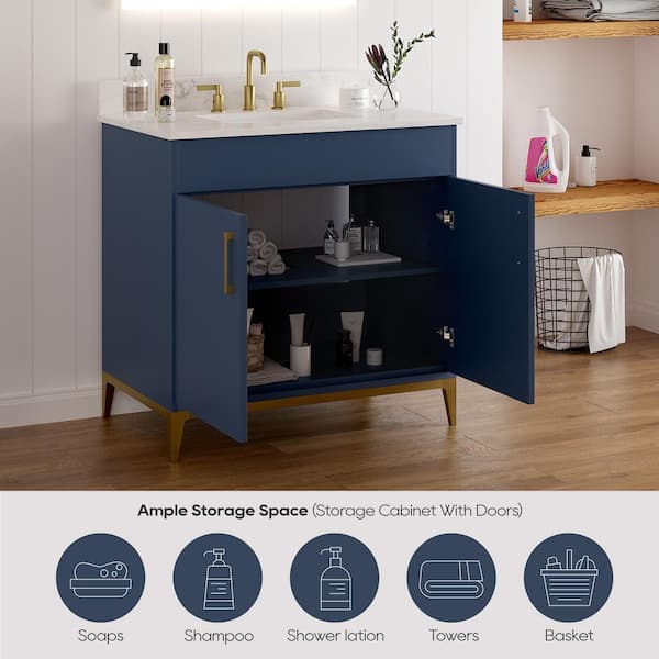 Barrie 37 in. Single Sink Freestanding Blue Bath Vanity with White Engineered Stone Top and Backsplash Assembled