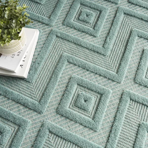 Aqua 8 ft. x 10 ft. Woven Abstract Polyester Rectangle Indoor/Outdoor Area Rug