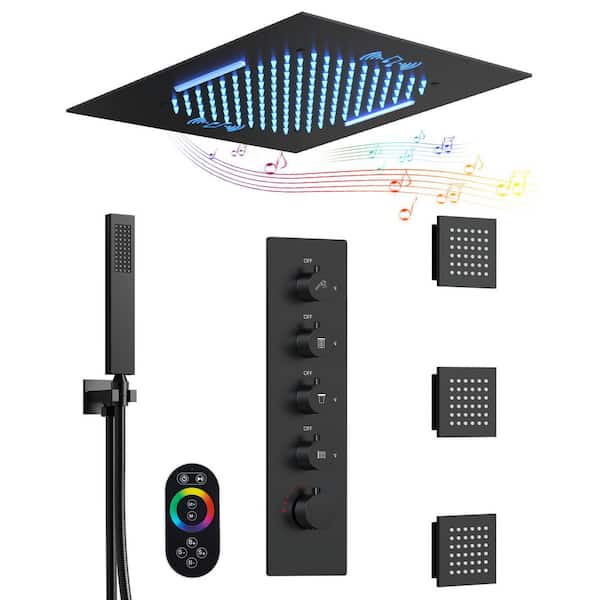 Thermostatic 15-Spray 20 in. Square LED Mood Lighting Bluetooth Music Shower System with Valve in Matte Black