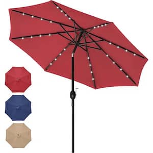 9 ft. Stainless Steel Market Solar Push Button 32 LED Lighted Patio Umbrella in Red