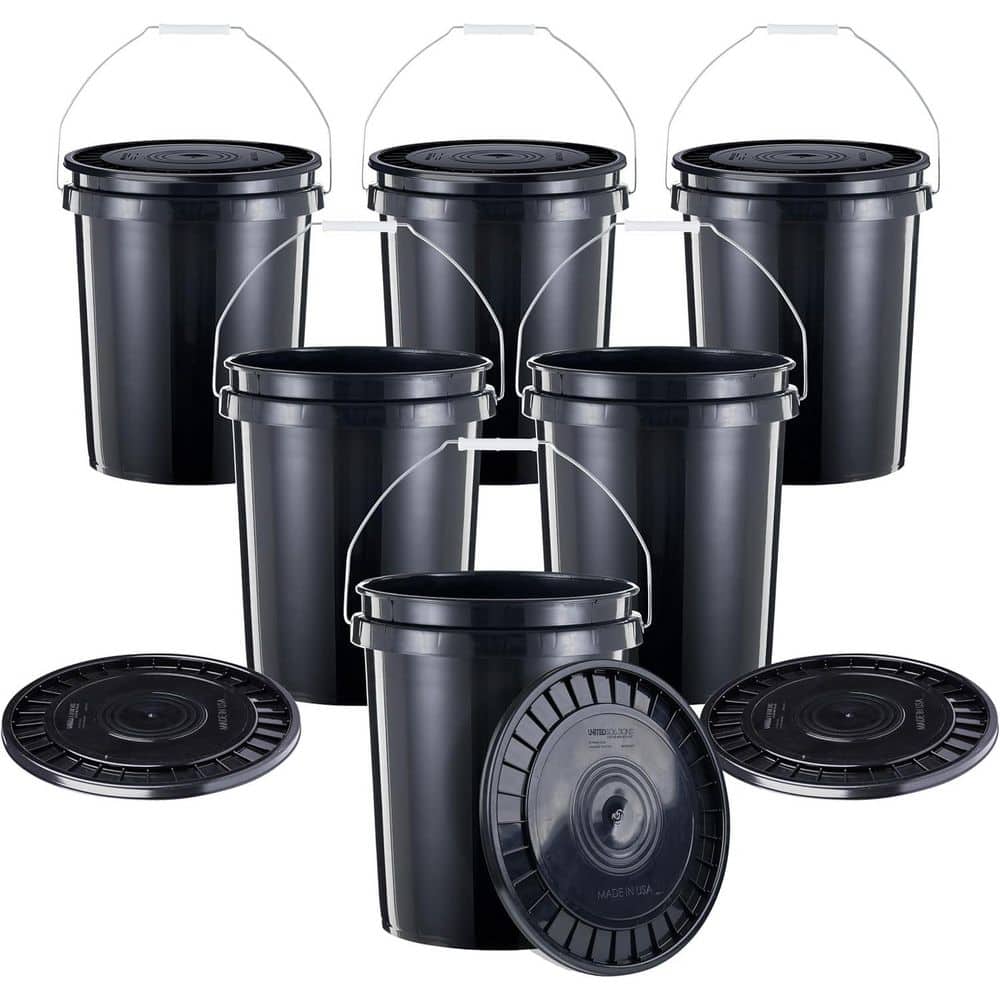 5-Gal. Heavy-Duty Buckets with Snap-On Lids in Black, 6-Pack