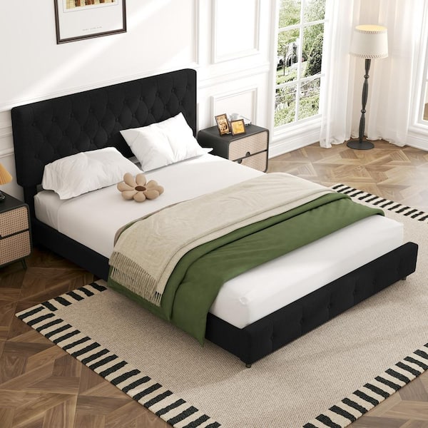 JEAREY Black Full Linen Upholstered Storage Platform Bed Frame with Headboard