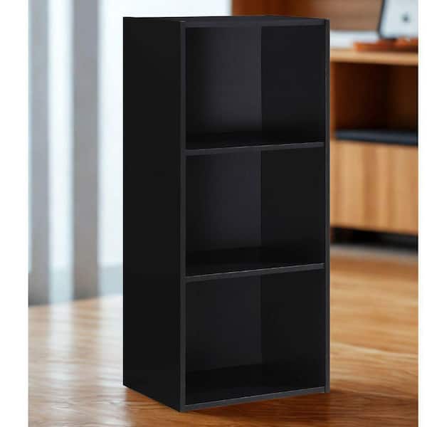 35.6 in. Tall Black Wood 3-Shelf Bookcase with Open Storage 3-Tier Bookshelf for Home or Office