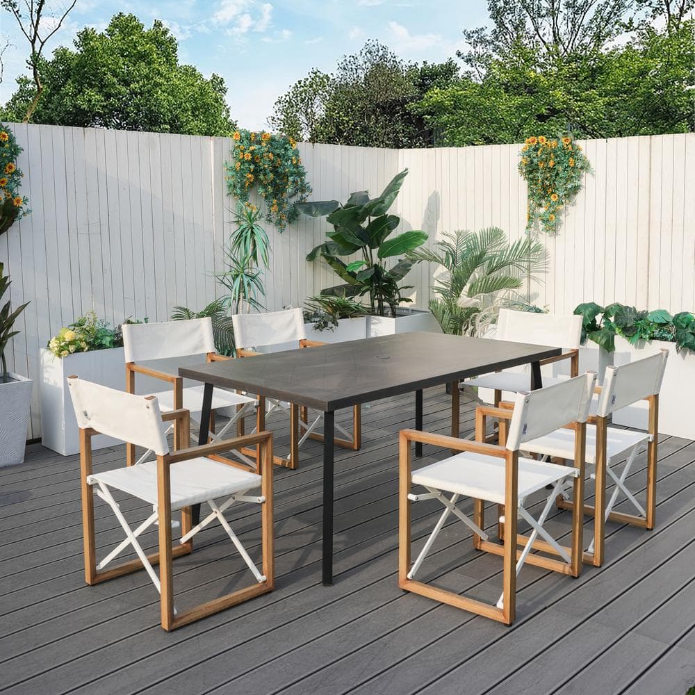 7-Piece Aluminum Outdoor Dining Set with Folding Dining Chairs and Rectangular Iron Table