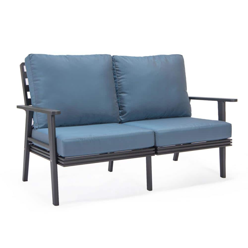 Leisuremod Walbrooke Black 1-Piece Metal Outdoor Loveseat With Navy ...