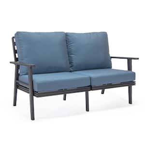 Walbrooke Black 1-Piece Metal Outdoor Loveseat with Navy Blue Cushions