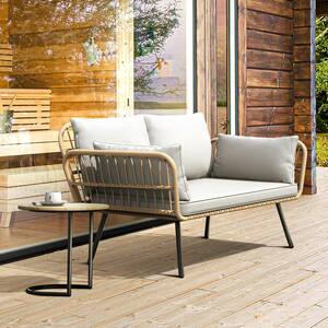 Black Frame Brown Wicker Outdoor Loveseat with Gray Cushion