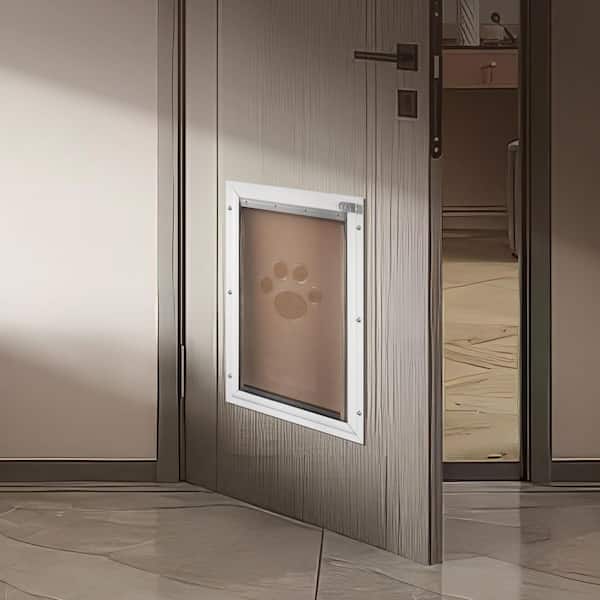 Pet Door, 13.27 x 20.04 in. Aluminum Frame with Lock and Flap System, Weatherproof, for Cat Doggie Kitties (White-L)