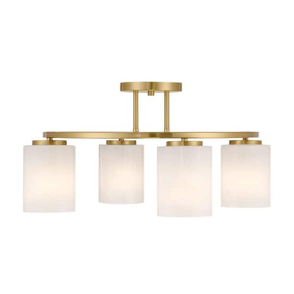 Savoy House Herron 24 in. 4-Light Warm Brass Modern Contemporary Semi-Flush Mount Ceiling Light White Cylinder Strie Glass Shades