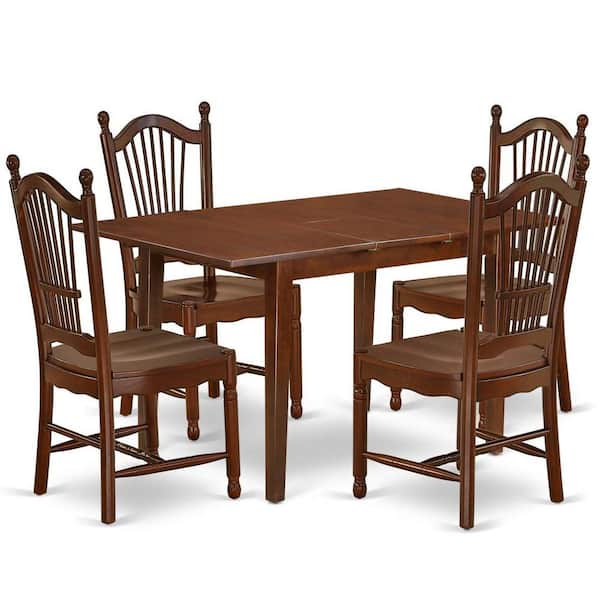 East West Furniture 5-Piece Mahogany Finish Solid Wood Top-Rectangular Dining Room Set with Butterfly Leaf-Seats 4