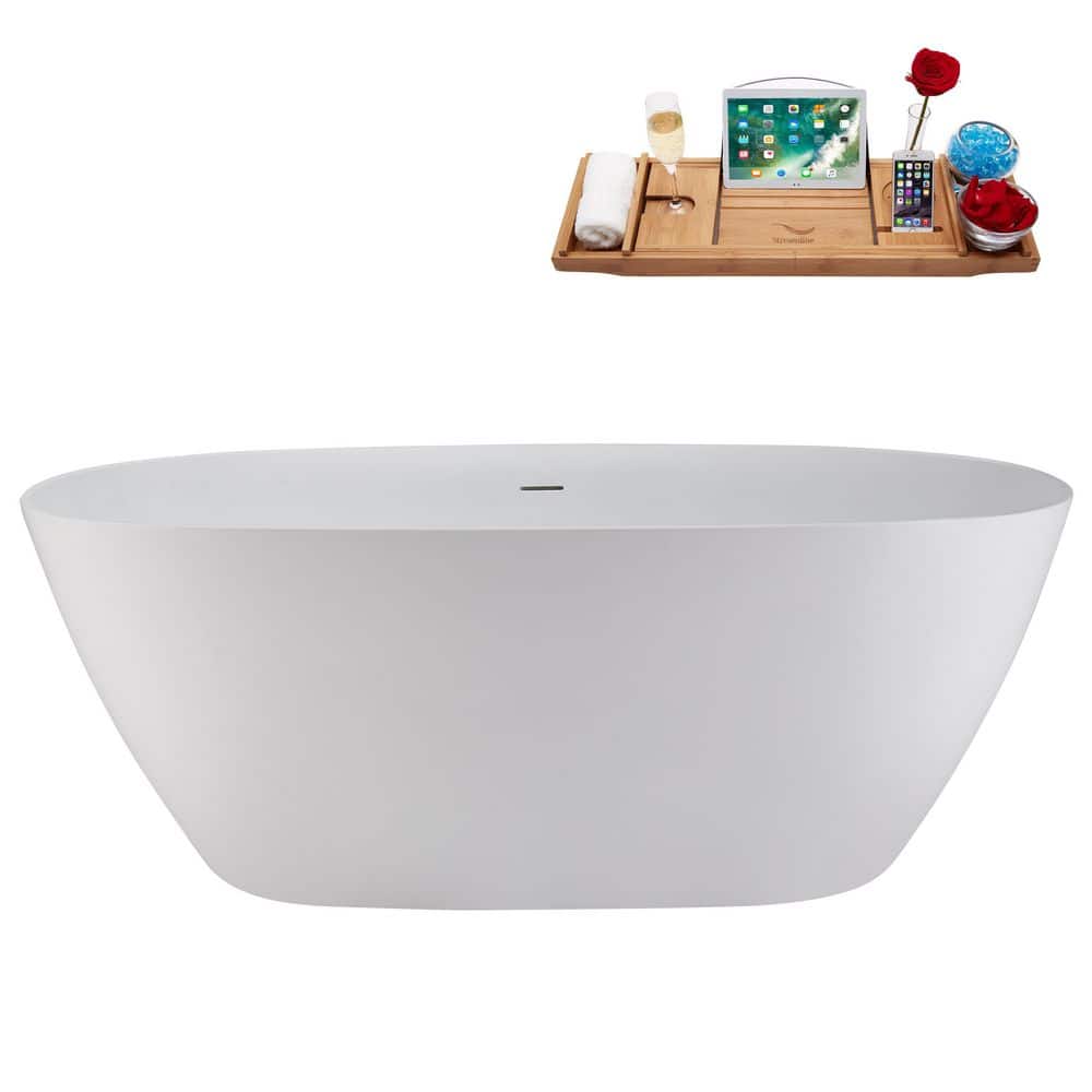 67" Matte White Stone Resin Freestanding Soaking Tub with Chrome Drain