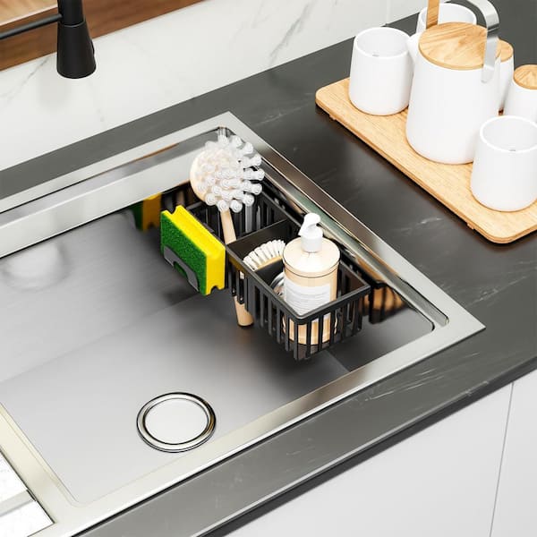Black In Sink Sponge Holder with Suction Cups Plastic Kitchen Sink Organizer 3-in-1 Sponge Caddy Tray
