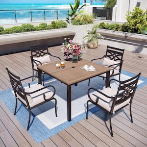 5-Piece Metal Patio Outdoor Dining Set with Square Brown Slat Tabletop and Cast Iron Pattern Chairs with Beige Cushions