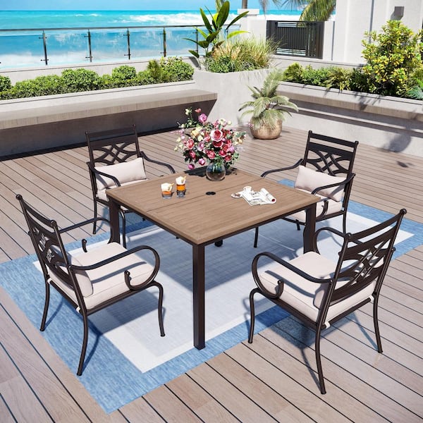 PHI VILLA 5-Piece Metal Patio Outdoor Dining Set with Square Brown Slat Tabletop and Cast Iron Pattern Chairs with Beige Cushions