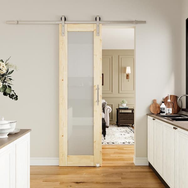 EH PUERTA 24 in. x 80 in. 1-Lite Frosted Glass Unfinished Solid Pine Wood Sliding Barn Door with Hardware Kit Nickel Plated