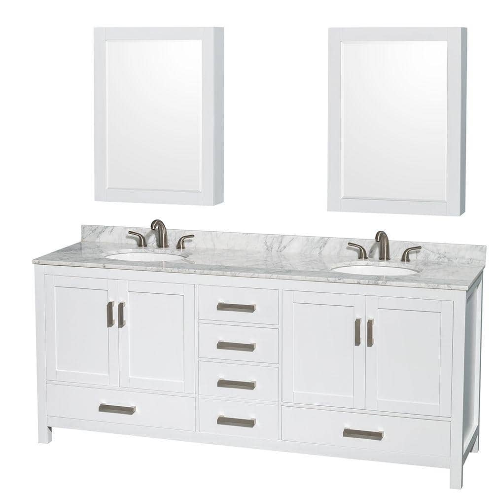 Wyndham Collection Sheffield 80 In Double Vanity In White With Marble Vanity Top In Carrara White And Medicine Cabinets Wcs141480dwhcmunomed The Home Depot