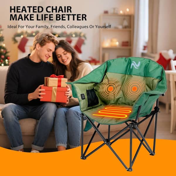 Oversized Heated Massage Armrest Camping Chair, Portable Heated Folding Recliner Chair with 3-Heat Settings for Outdoor