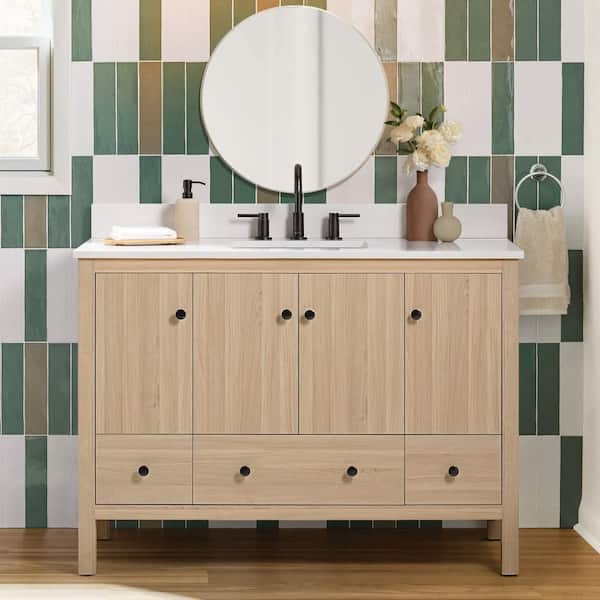 Rory 48 in. Single Sink Freestanding Bathroom Vanity in White Oak with White Engineered Marble Top (Assembled)