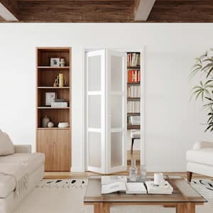 36 in. x 80 in. 3-Panel Frosted Glass Solid MDF Core White Finished MDF Bi-Fold Doors With Hareware