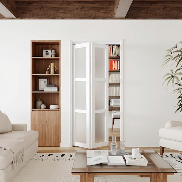 TENONER 36 in. x 80 in. 3-Panel Frosted Glass Solid MDF Core White Finished MDF Bi-Fold Doors With Hardware