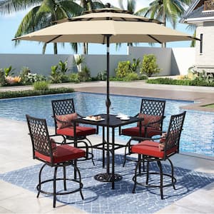 6-Piece Metal Patio Bar Height Outdoor Dining Set with Square Table and Umbrella with Red Cushions