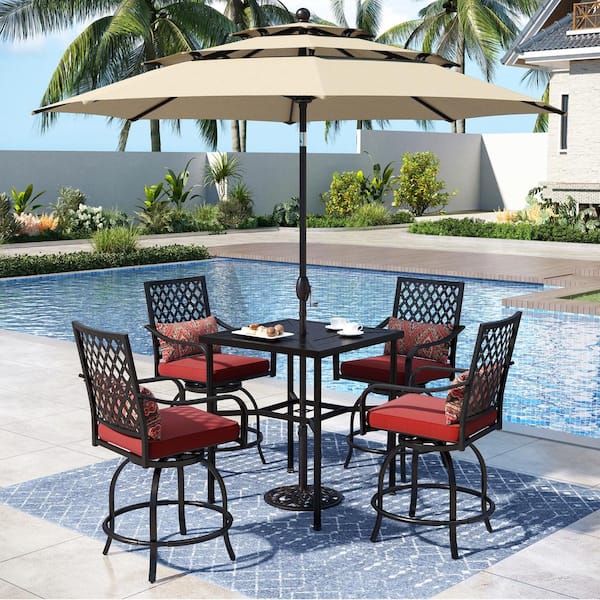 PHI VILLA 6-Piece Metal Patio Bar Height Outdoor Dining Set with Square Table and Umbrella with Red Cushions