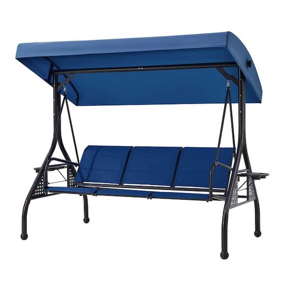 3-Person Blue Metal Patio Swing with Textilene Backrest and Adjustable Canopy