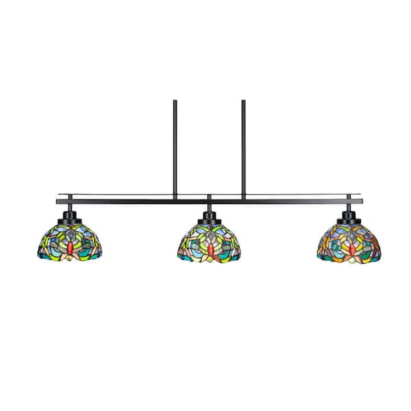 Unbranded Monroe 3-Light, Matte Black Billiard Light, Any room with 7 in. Kaleidoscope Art Glass Shades no bulbs included