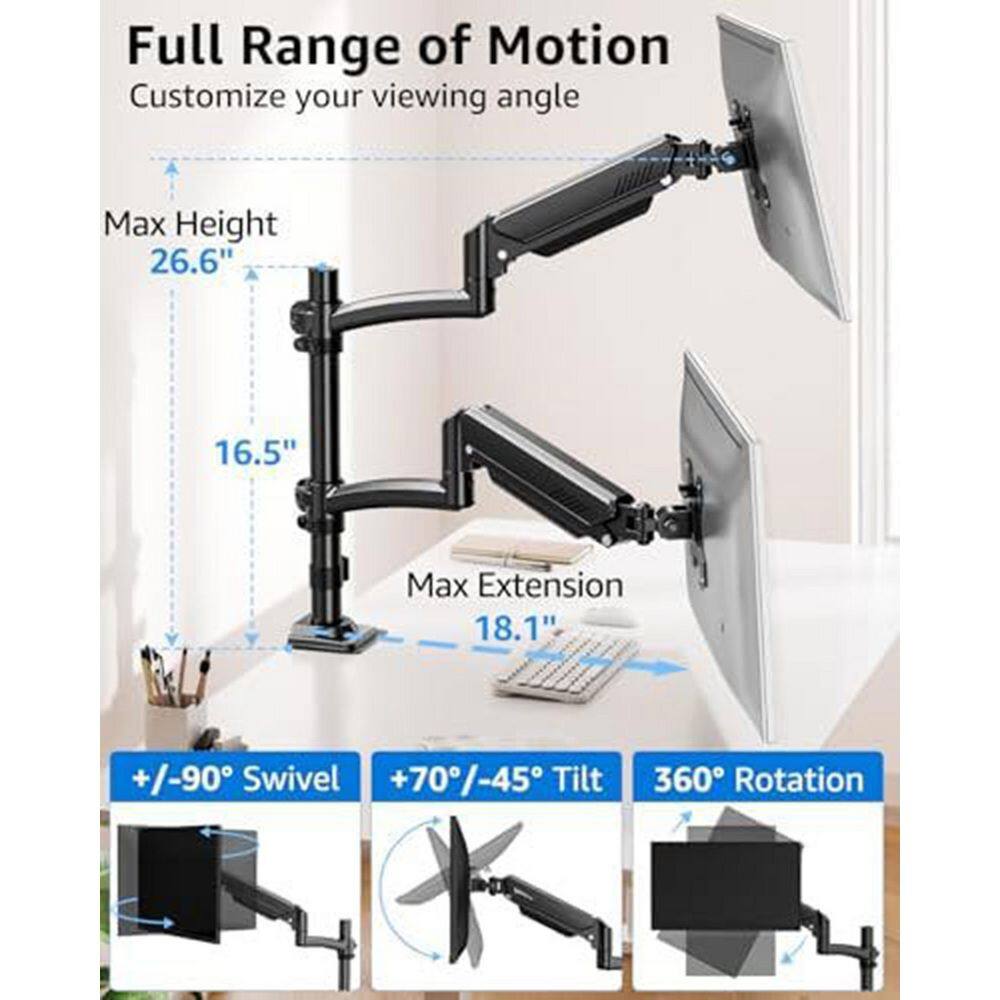 Dual Arm Gas Spring Monitor Stand Mount for 13-32 inch Screens Holds 22 lbs Height Adjustable Black - Thumbnail 3