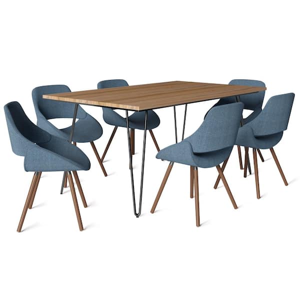 Simpli Home Malden Modern Industrial IV 7-Piece Dining Set with 6 Upholstered Bentwood Dining Chairs in Denim Blue Woven Fabric