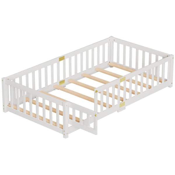 White Twin Size Kids Floor Bed Cushion Floor Bed Frames for Kids Montessori Floor Bed with Rails and Safety Guardrails